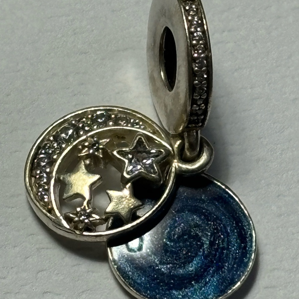 Pandora Silver and Blue Celestial charm with words on back of moon. See pic